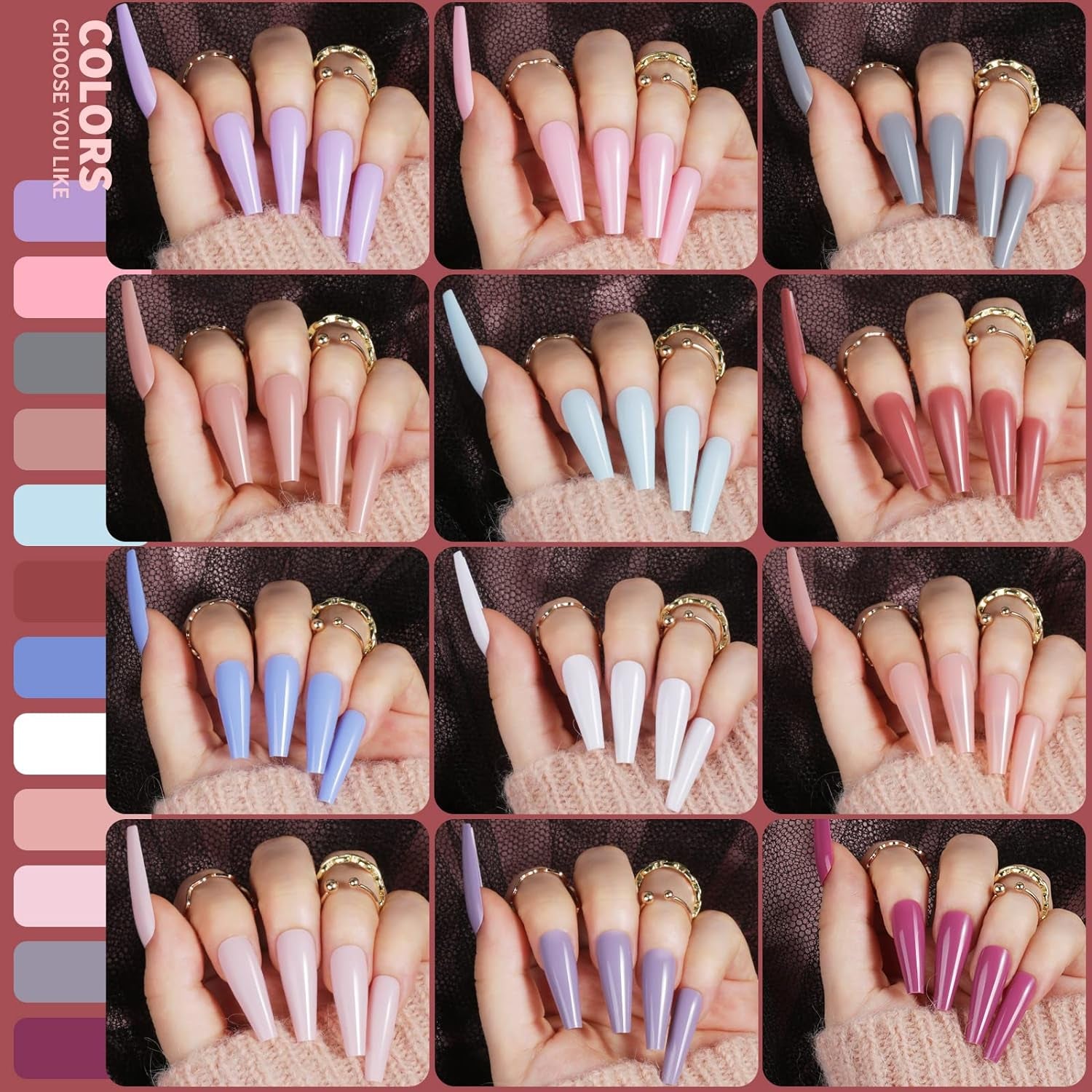 Full Cover Color Press on Coffin Nails, 576Pcs Fake Nail Tips in 24 Colors, Glue on Long Ballerina False Nails