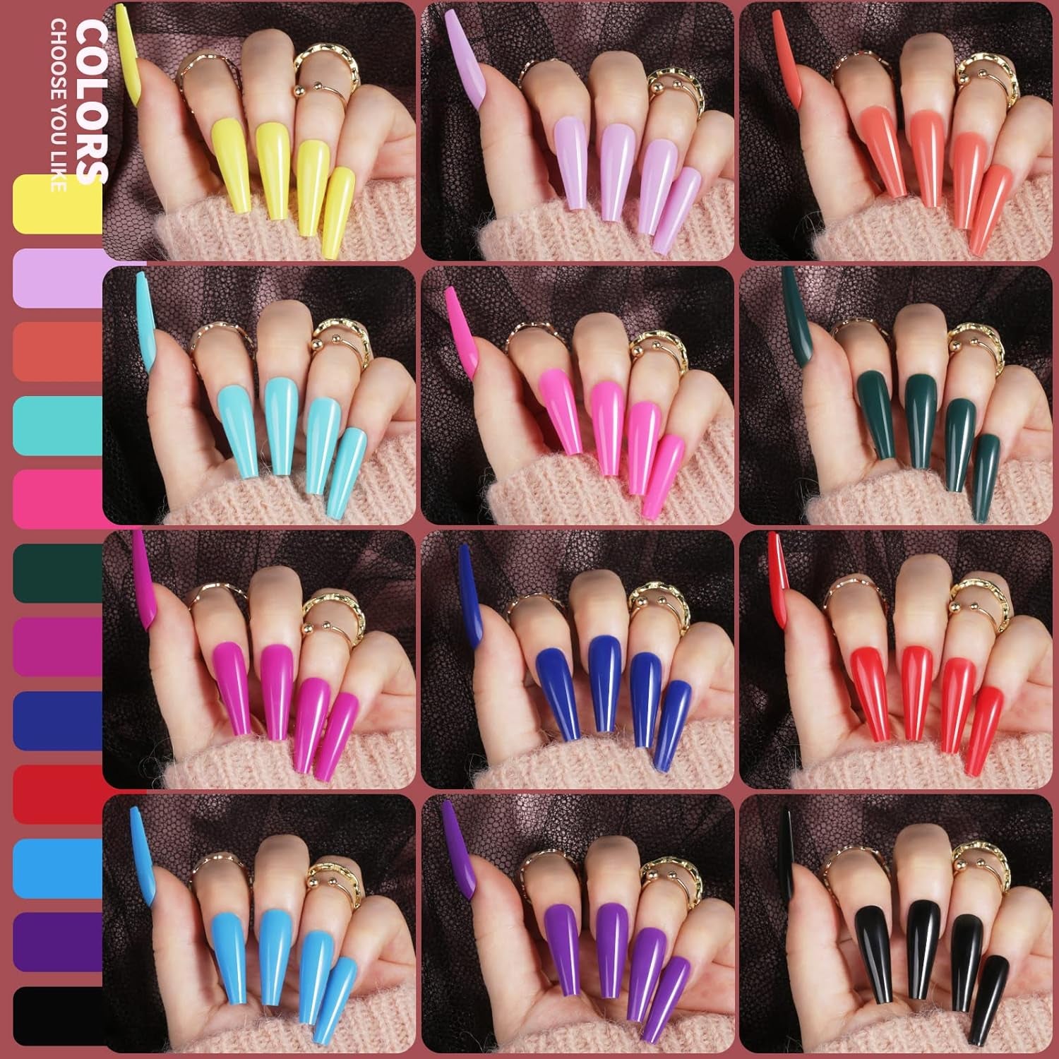 Full Cover Color Press on Coffin Nails, 576Pcs Fake Nail Tips in 24 Colors, Glue on Long Ballerina False Nails