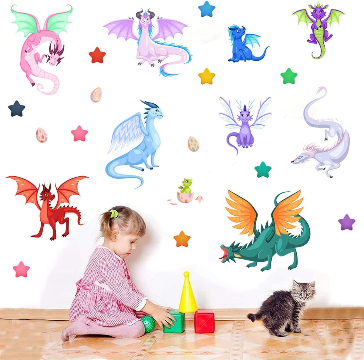 Creative Fairy Dragon Wall Decals Cartoon Large Wings Dragons Eggs Stars Wall Stickers Easy to Peel and Stick Wall Stickers Art Paper for Playroom Nursery Classroom Kids Bedroom Wall Decor
