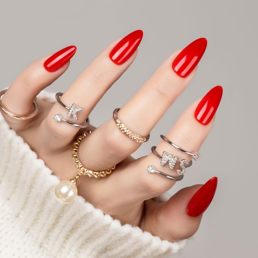 30Pcs Red Almond Christmas Press on Nails Reusable Fake Nails- Supremely Fit & Natural Soft Gel Nails,15 Sizes, Reusable Fake Nails Kit with Gift Box for Women