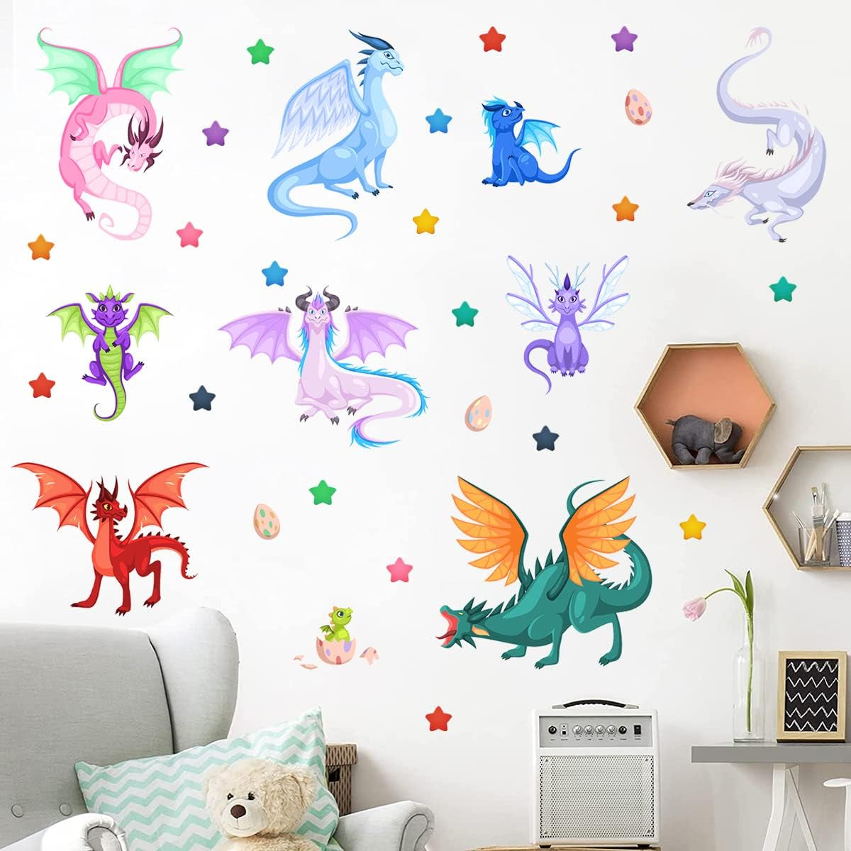 Creative Fairy Dragon Wall Decals Cartoon Large Wings Dragons Eggs Stars Wall Stickers Easy to Peel and Stick Wall Stickers Art Paper for Playroom Nursery Classroom Kids Bedroom Wall Decor