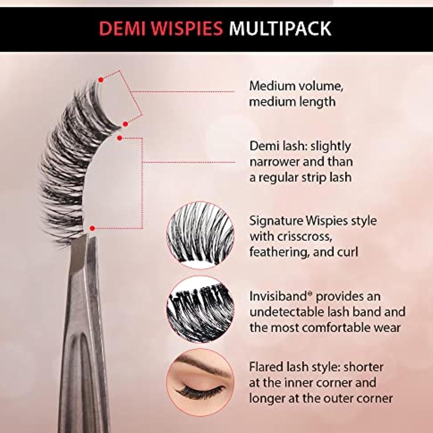 Demi Wispies - Black, the Original Feathered Lash with Invisiband, 6 Pairs, 1-Pack