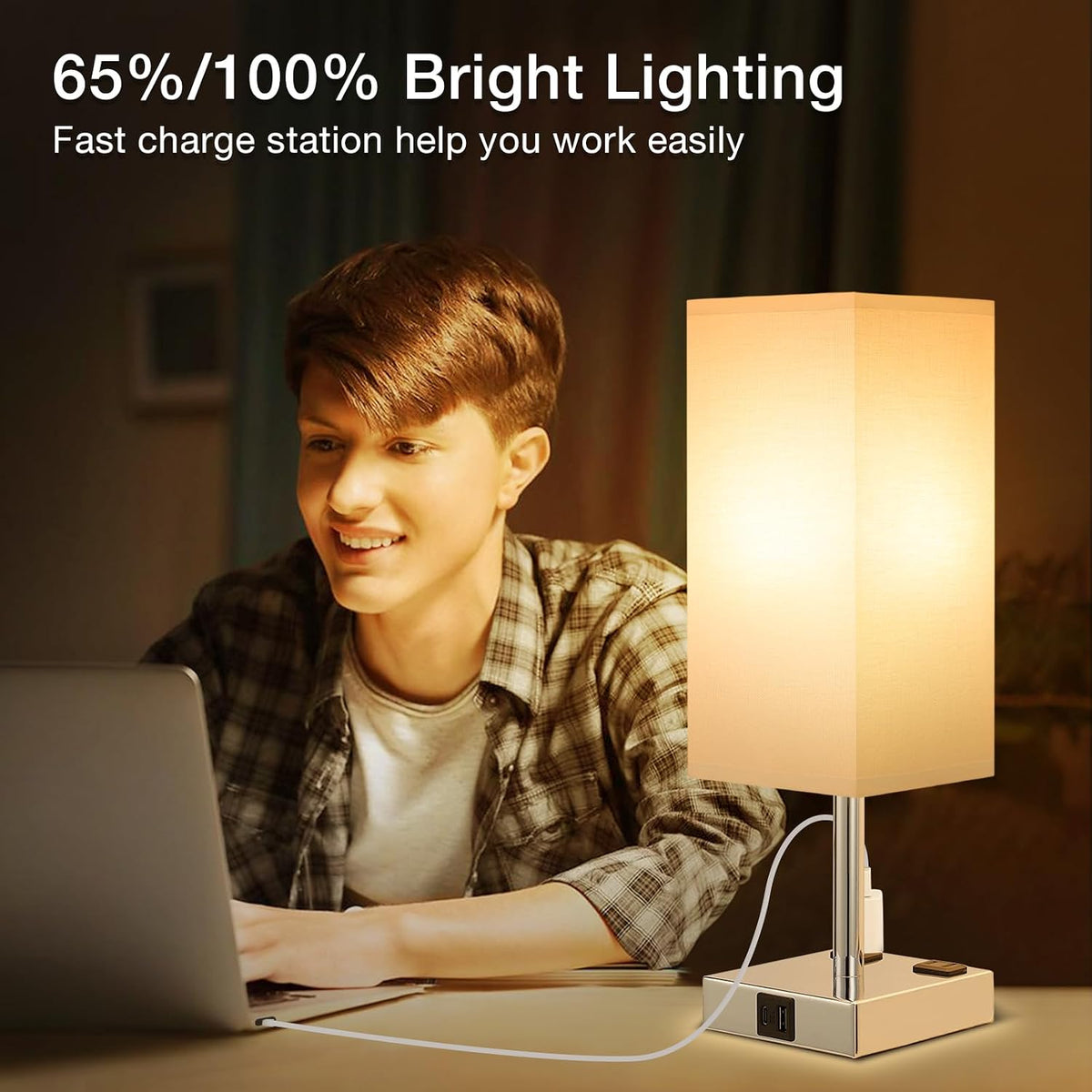 Touch Table Lamps Set of 2 for Bedroom - Dimmable, USB C+A, 2 AC Outlets
