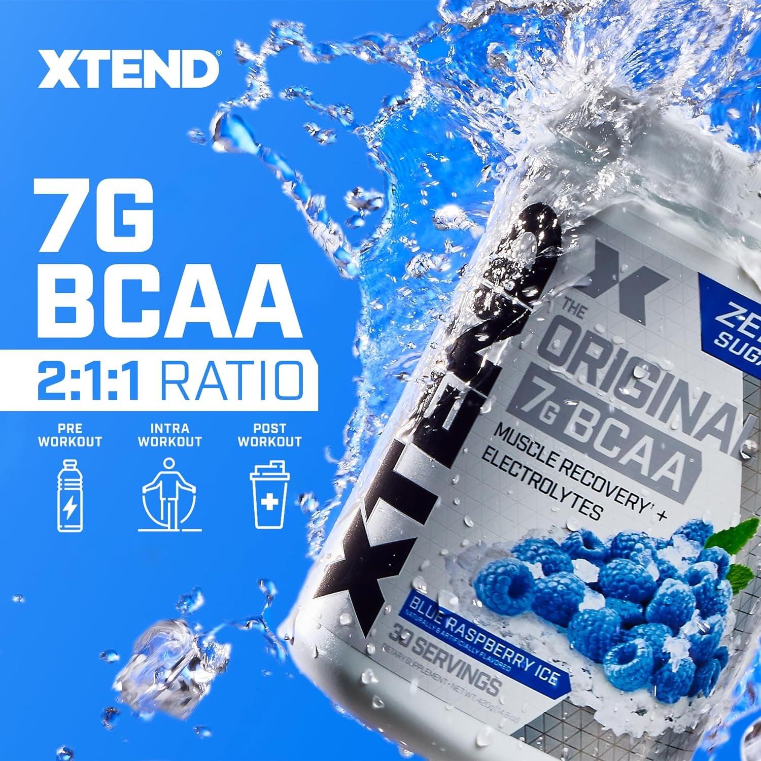 Original BCAA Powder Blue Raspberry Ice, Sugar Free Post Workout Muscle Recovery Drink with Amino Acids for Men & Women