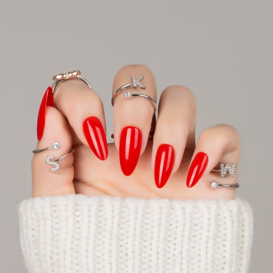 30Pcs Red Almond Christmas Press on Nails Reusable Fake Nails- Supremely Fit & Natural Soft Gel Nails,15 Sizes, Reusable Fake Nails Kit with Gift Box for Women