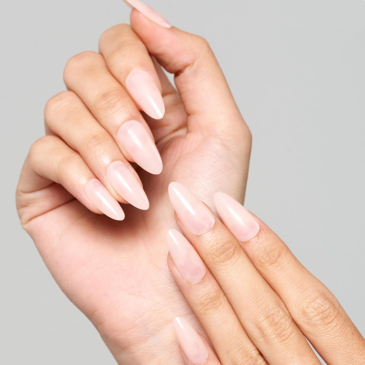 Press on Nails Medium Almond, Spring Summer Nude Gel Glue on Nail, 24Pcs Glossy Short Stiletto Reusable UV Finish Fake Nails Acrylic False Nails Manicure Kits for Women