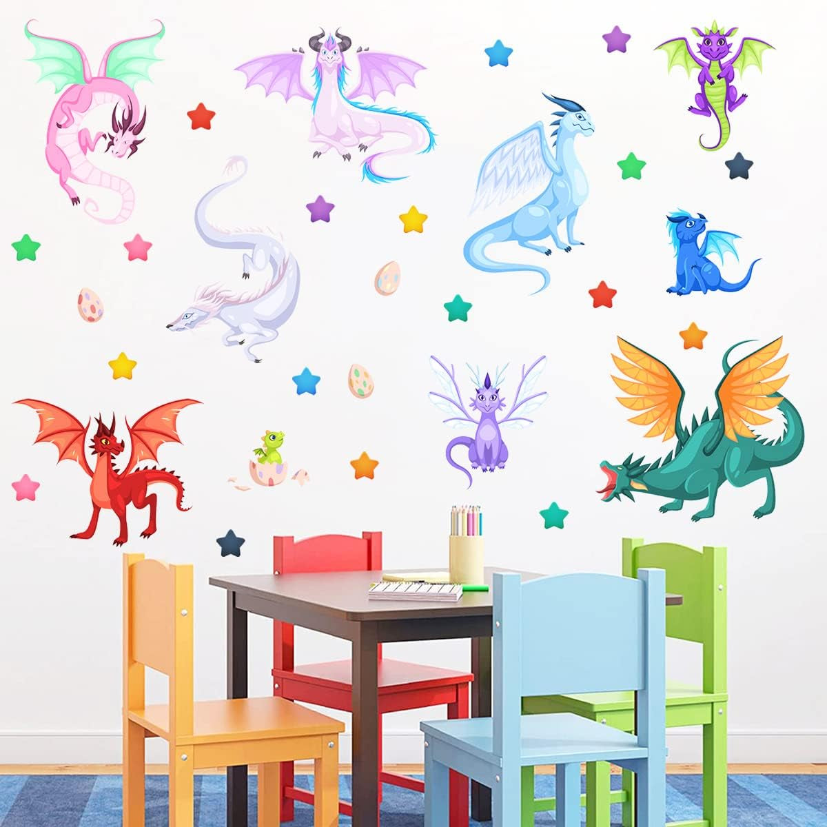 Creative Fairy Dragon Wall Decals Cartoon Large Wings Dragons Eggs Stars Wall Stickers Easy to Peel and Stick Wall Stickers Art Paper for Playroom Nursery Classroom Kids Bedroom Wall Decor