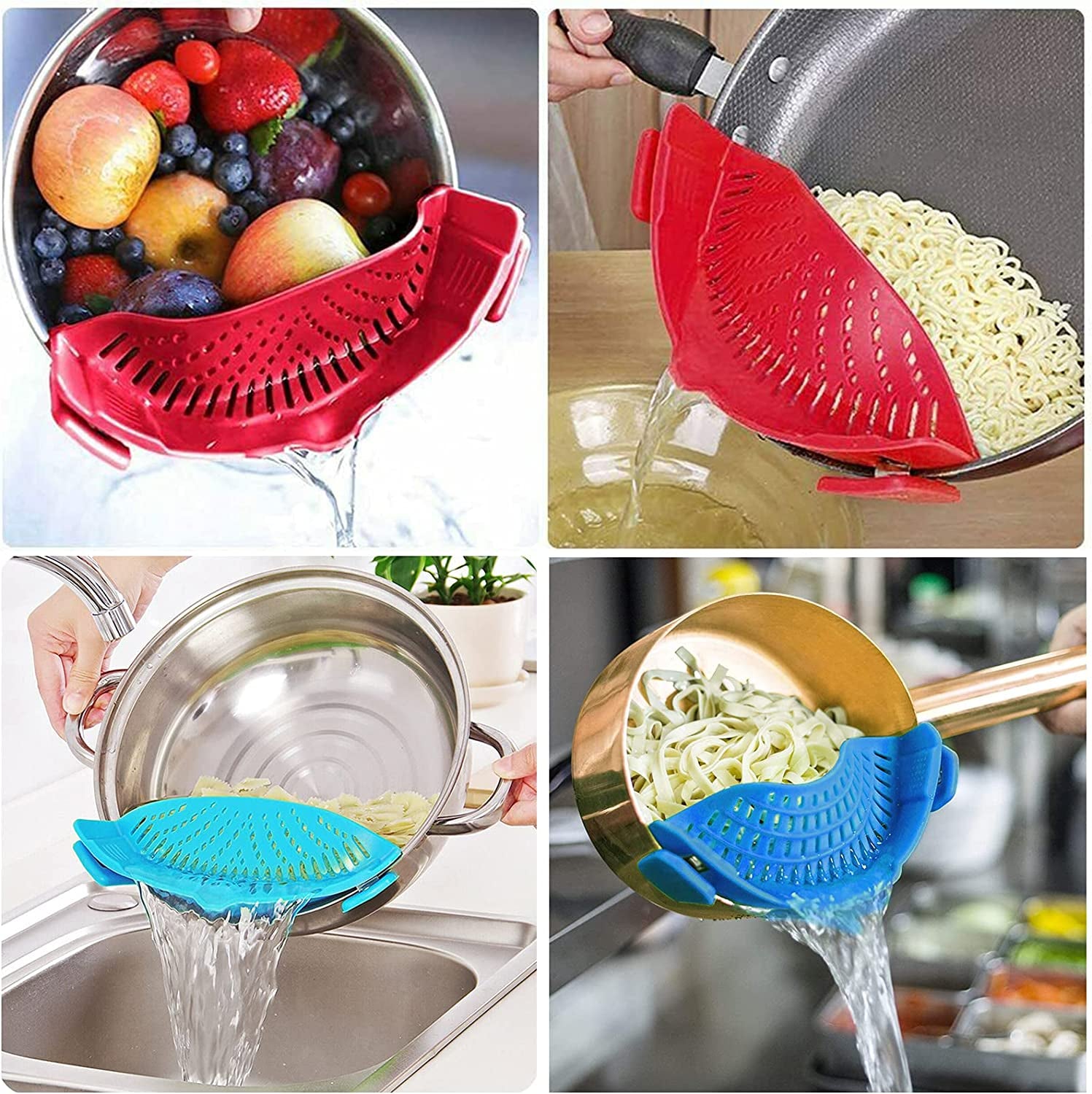 2 Pcs Clip on Strainers, Pot Strainer for Pasta Meat Vegetables Fruit, Silicone Strainer - Fit All Pots and Bowls.