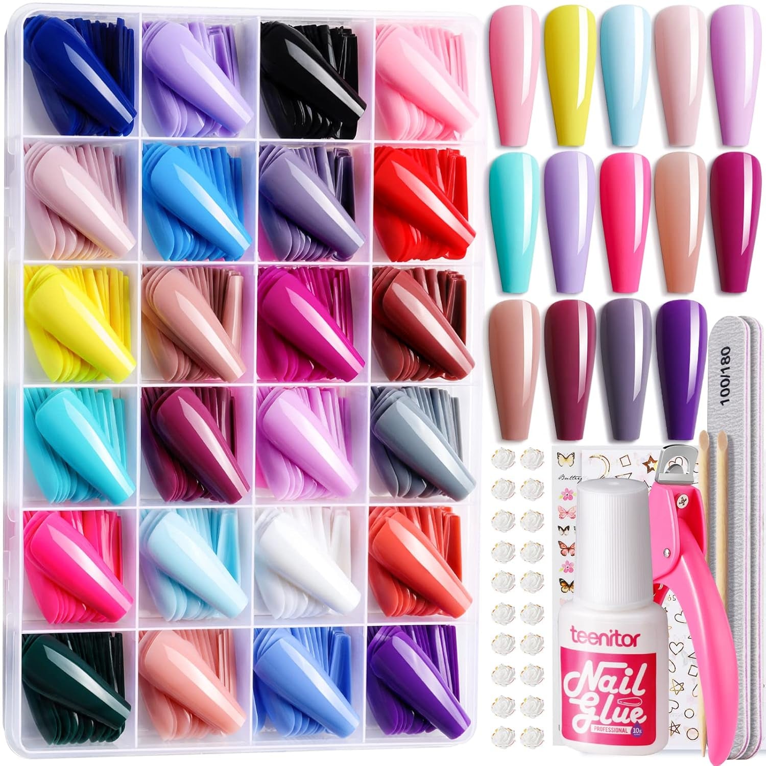 Full Cover Color Press on Coffin Nails, 576Pcs Fake Nail Tips in 24 Colors, Glue on Long Ballerina False Nails