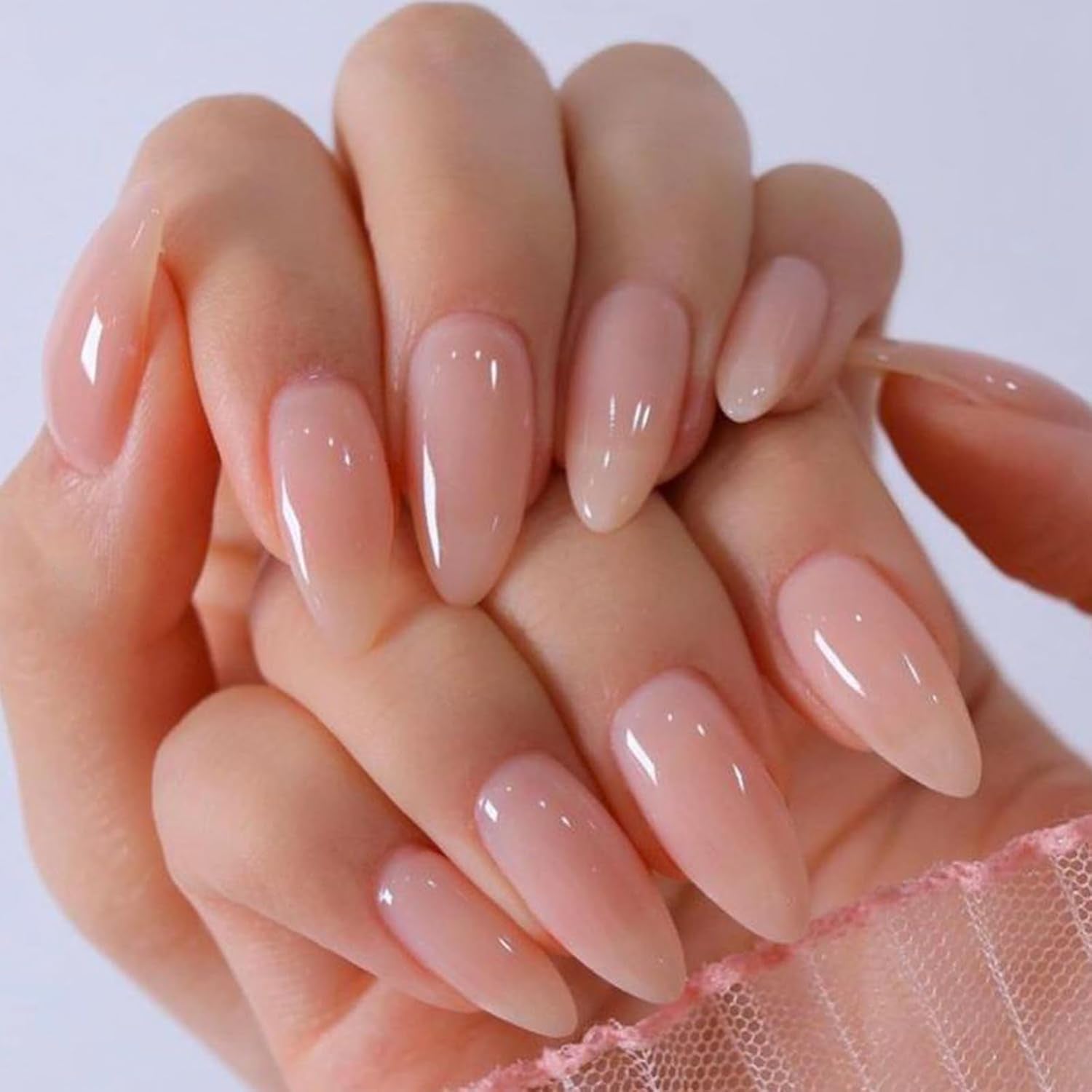 Press on Nails Medium Almond, Spring Summer Nude Gel Glue on Nail, 24Pcs Glossy Short Stiletto Reusable UV Finish Fake Nails Acrylic False Nails Manicure Kits for Women