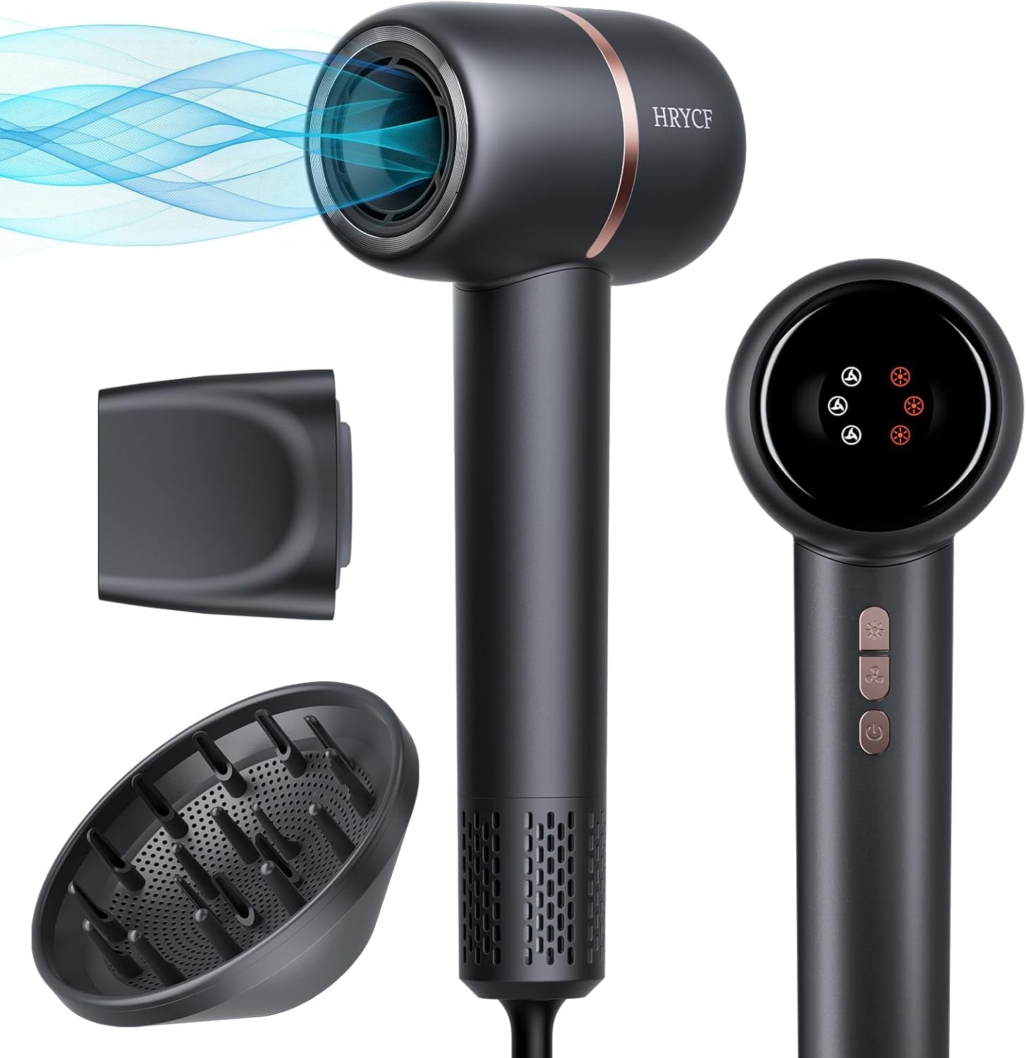 Hair Dryer, 160000RPM Fast Drying Blow Dryer, 500 Millions Negative Ionic High Speed Hair Dryer Professional Care Hair Dryer, Thermo-Control Low Noise with Magnetic Nozzle & Diffuser, Gray