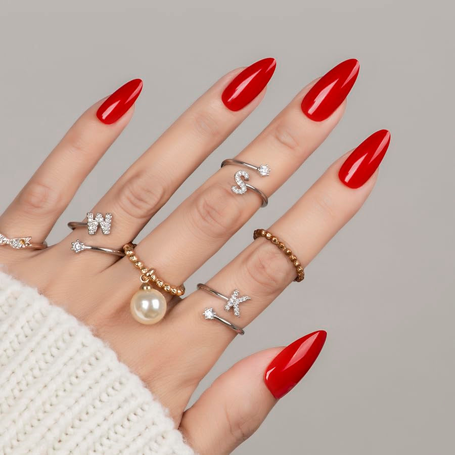 30Pcs Red Almond Christmas Press on Nails Reusable Fake Nails- Supremely Fit & Natural Soft Gel Nails,15 Sizes, Reusable Fake Nails Kit with Gift Box for Women