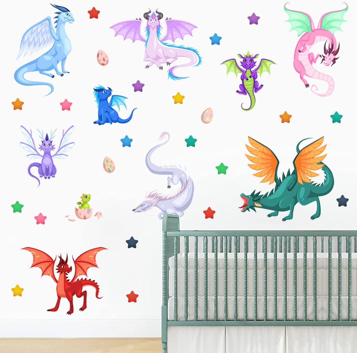Creative Fairy Dragon Wall Decals Cartoon Large Wings Dragons Eggs Stars Wall Stickers Easy to Peel and Stick Wall Stickers Art Paper for Playroom Nursery Classroom Kids Bedroom Wall Decor
