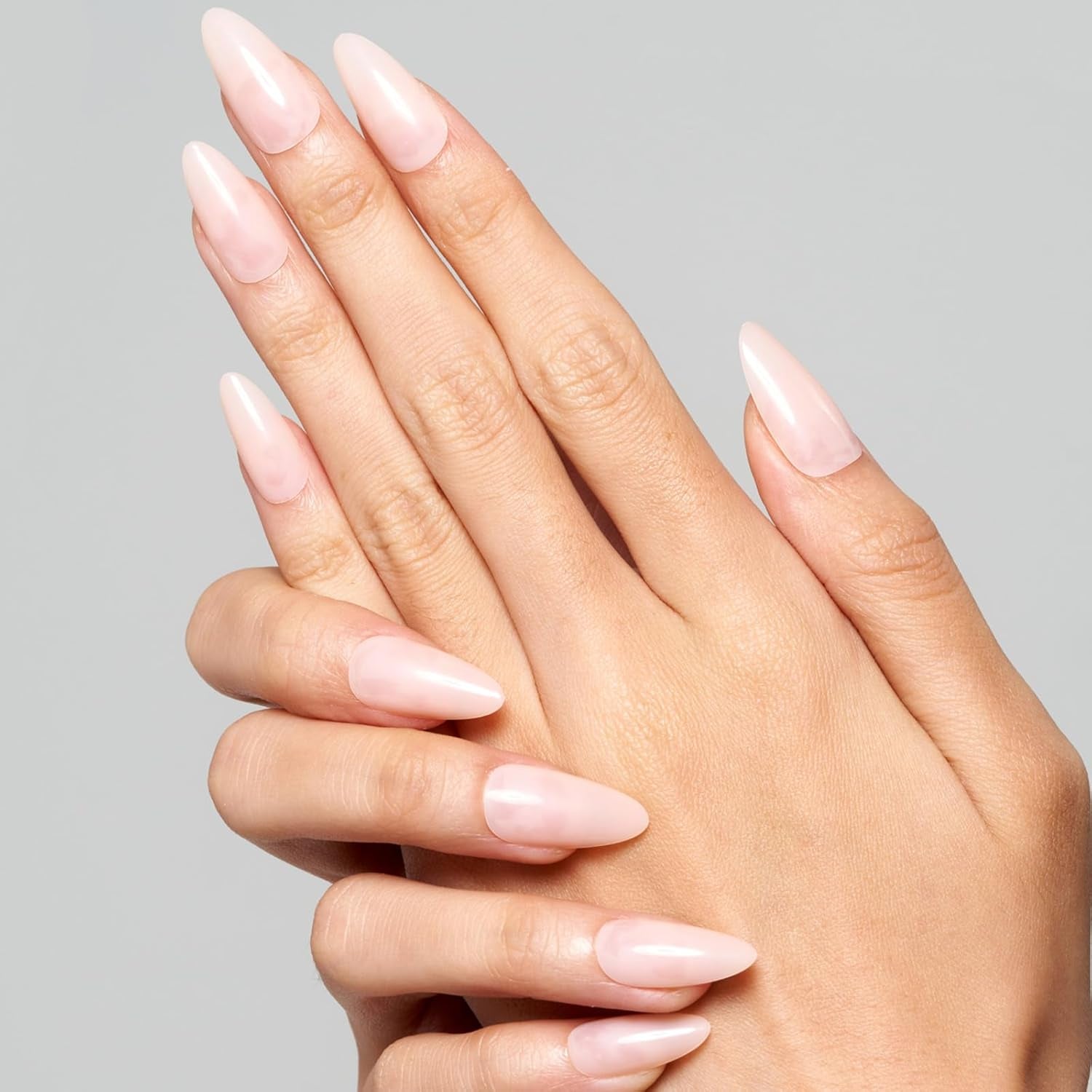 Press on Nails Medium Almond, Spring Summer Nude Gel Glue on Nail, 24Pcs Glossy Short Stiletto Reusable UV Finish Fake Nails Acrylic False Nails Manicure Kits for Women