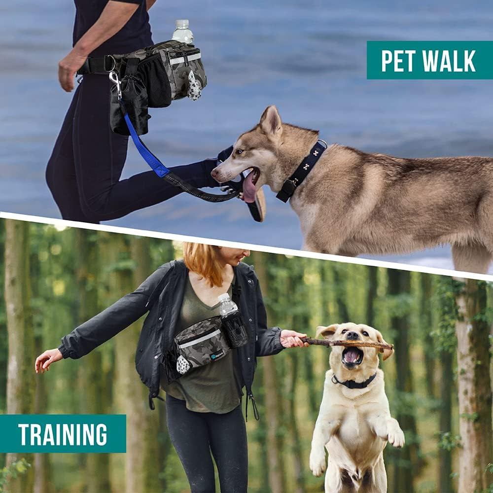 Dog Fanny Pack, Treat Pouch for Dog Walking, Training, Built in Poop Bag Dispenser, Water Bottle Holder, Collapsible Bowl, Pet Treat Waist Belt for Hiking, Running, Kibbles (Camo Black)