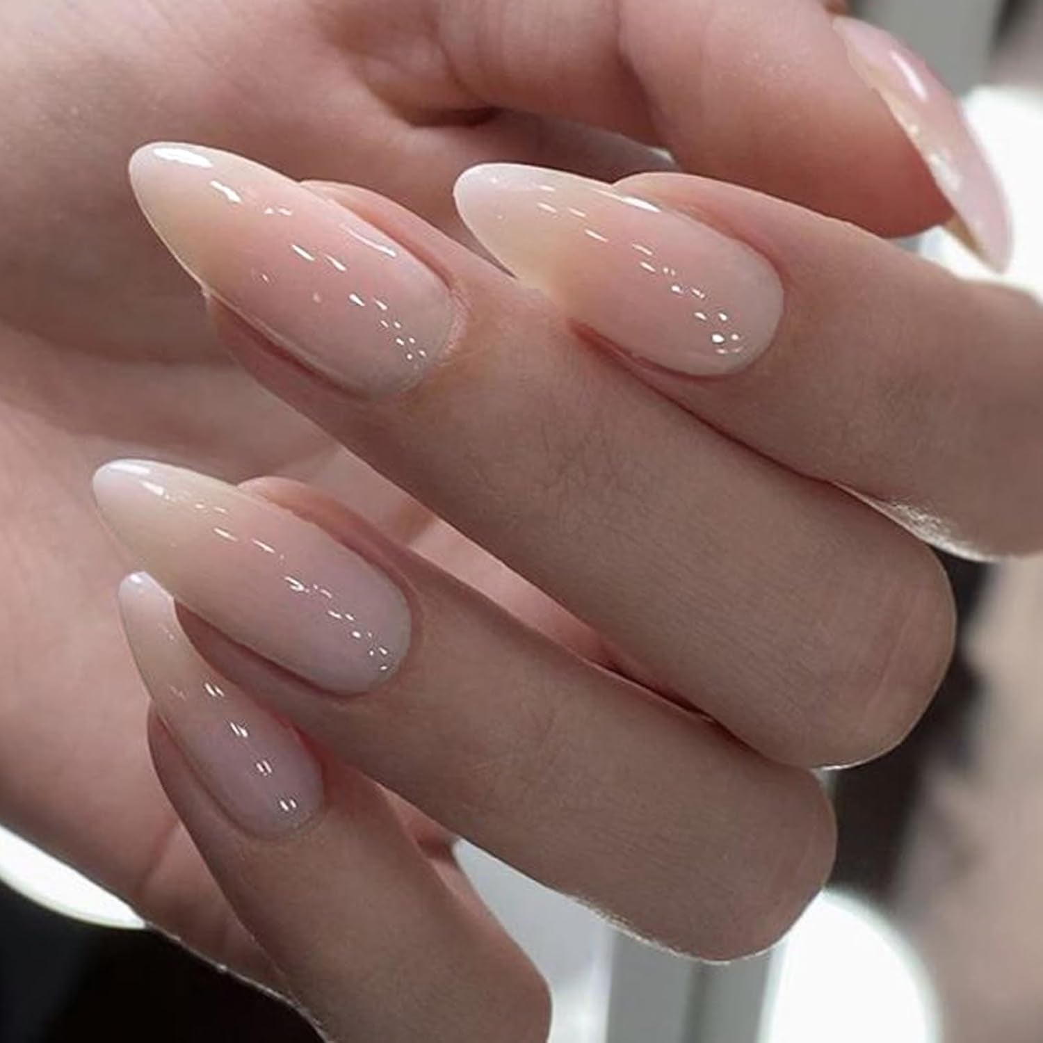 Press on Nails Medium Almond, Spring Summer Nude Gel Glue on Nail, 24Pcs Glossy Short Stiletto Reusable UV Finish Fake Nails Acrylic False Nails Manicure Kits for Women