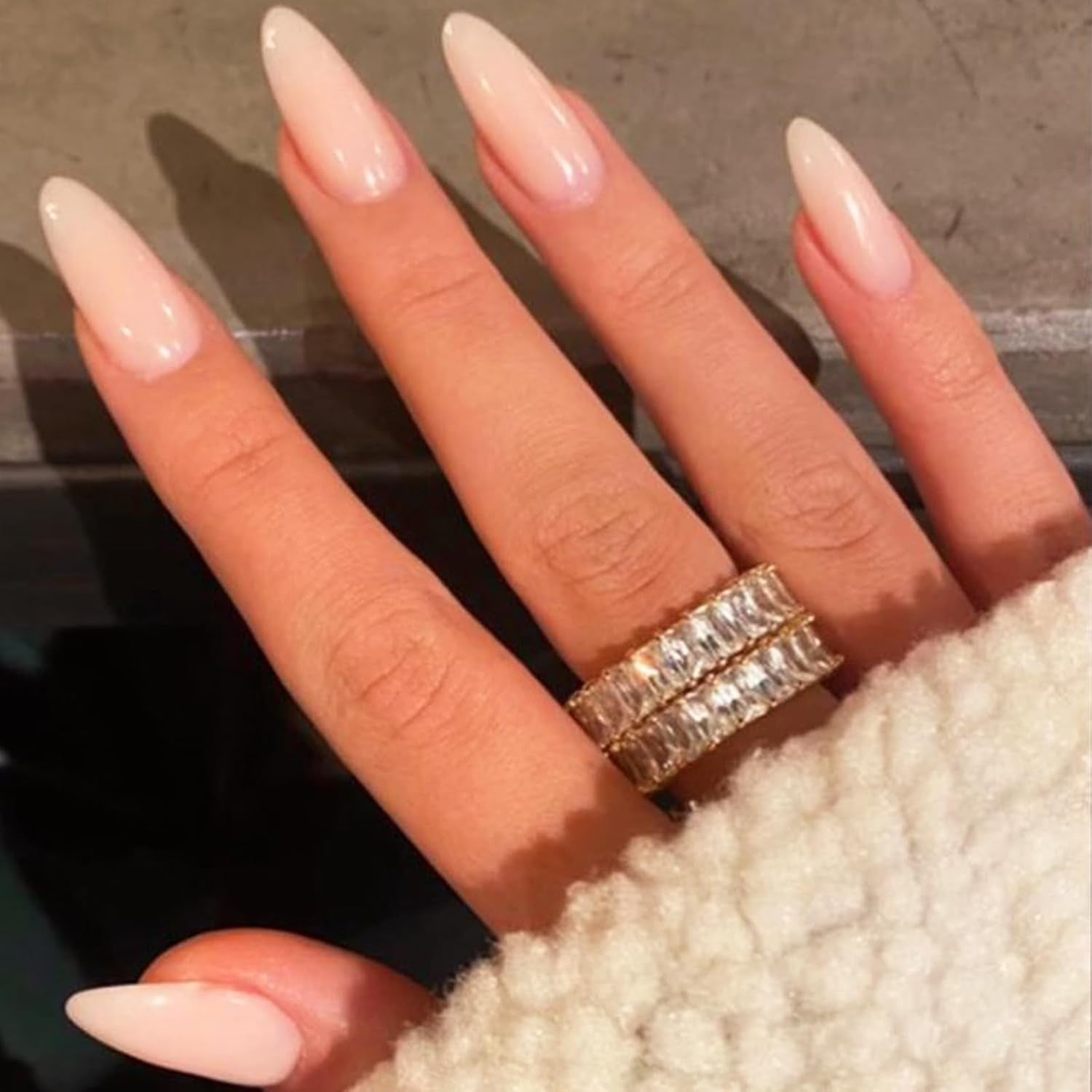 Press on Nails Medium Almond, Spring Summer Nude Gel Glue on Nail, 24Pcs Glossy Short Stiletto Reusable UV Finish Fake Nails Acrylic False Nails Manicure Kits for Women