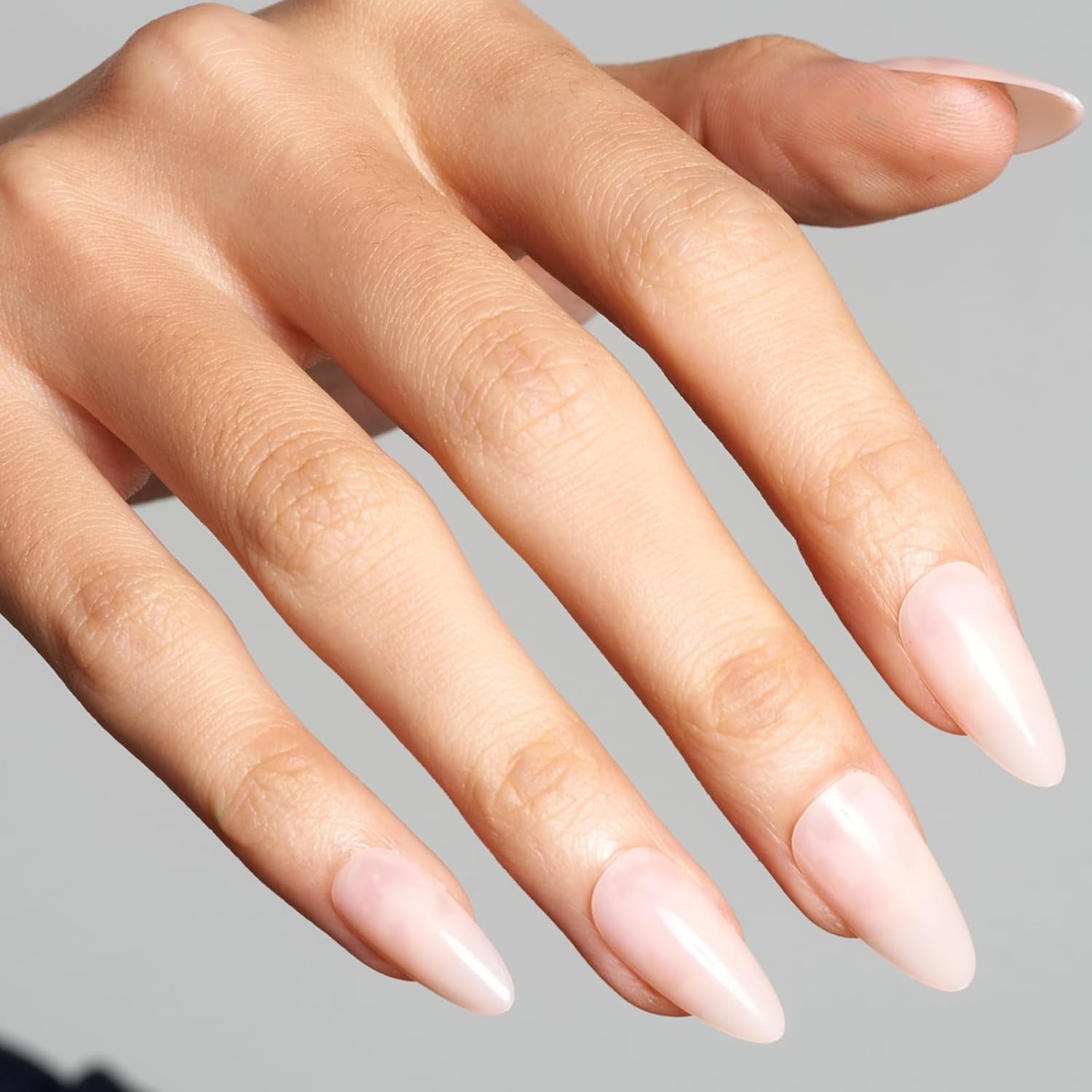Press on Nails Medium Almond, Spring Summer Nude Gel Glue on Nail, 24Pcs Glossy Short Stiletto Reusable UV Finish Fake Nails Acrylic False Nails Manicure Kits for Women