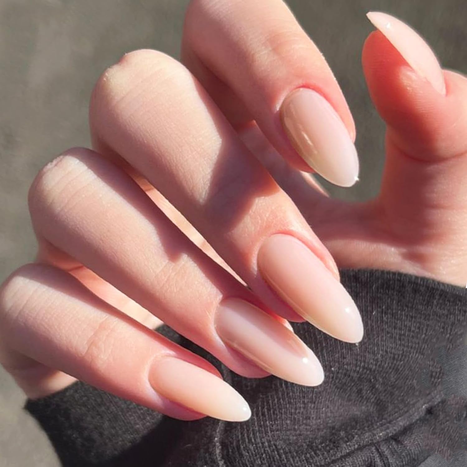 Press on Nails Medium Almond, Spring Summer Nude Gel Glue on Nail, 24Pcs Glossy Short Stiletto Reusable UV Finish Fake Nails Acrylic False Nails Manicure Kits for Women