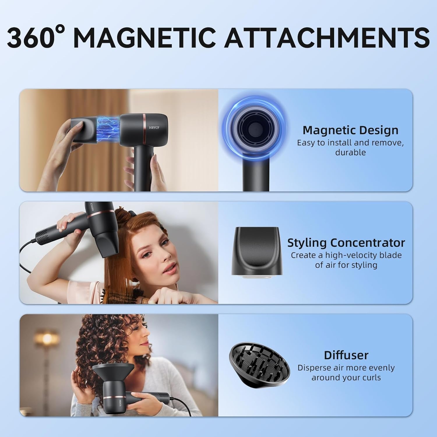 Hair Dryer, 160000RPM Fast Drying Blow Dryer, 500 Millions Negative Ionic High Speed Hair Dryer Professional Care Hair Dryer, Thermo-Control Low Noise with Magnetic Nozzle & Diffuser, Gray