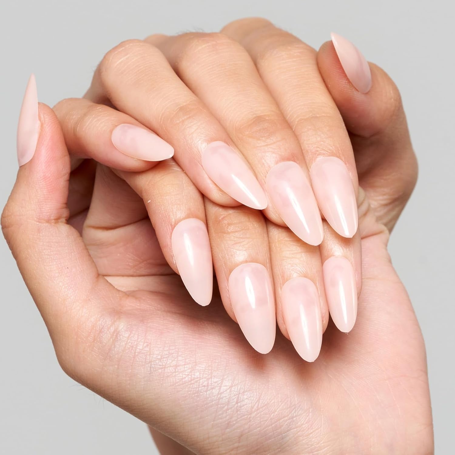 Press on Nails Medium Almond, Spring Summer Nude Gel Glue on Nail, 24Pcs Glossy Short Stiletto Reusable UV Finish Fake Nails Acrylic False Nails Manicure Kits for Women