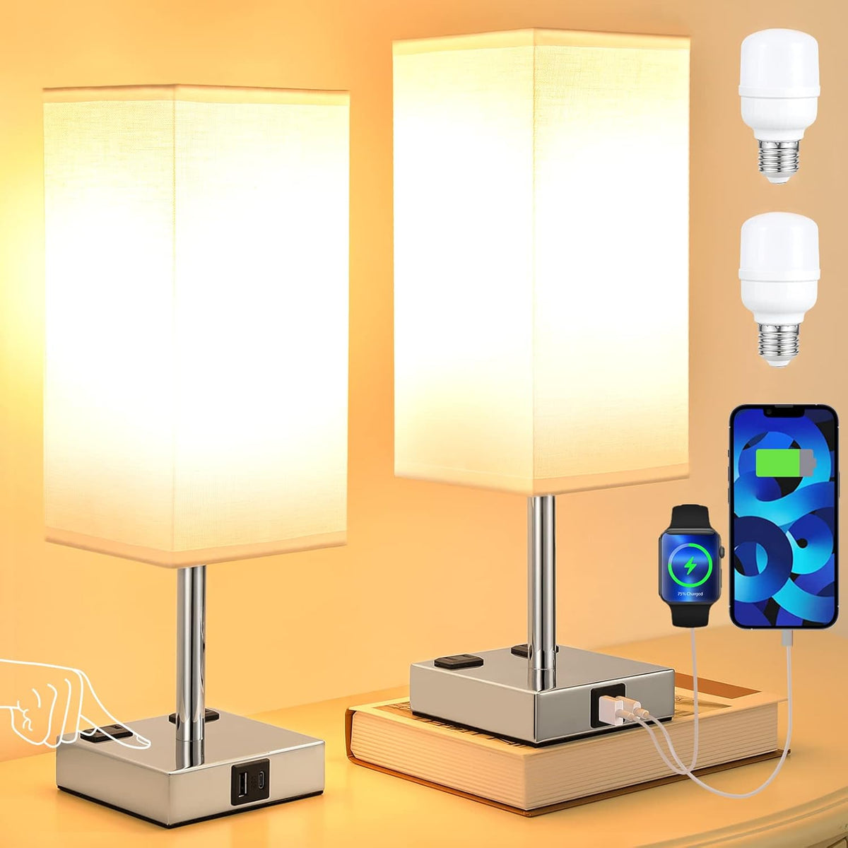 Touch Table Lamps Set of 2 for Bedroom - Dimmable, USB C+A, 2 AC Outlets