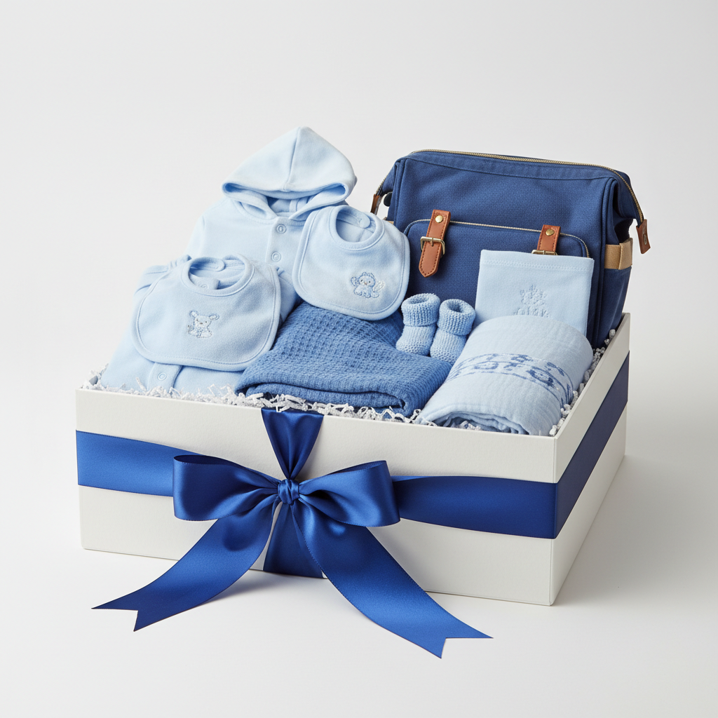 Baby boy 62-piece clothing starter set displayed as a beautiful baby shower gift with blue ribbon