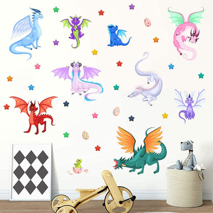 Creative Fairy Dragon Wall Decals Cartoon Large Wings Dragons Eggs Stars Wall Stickers Easy to Peel and Stick Wall Stickers Art Paper for Playroom Nursery Classroom Kids Bedroom Wall Decor