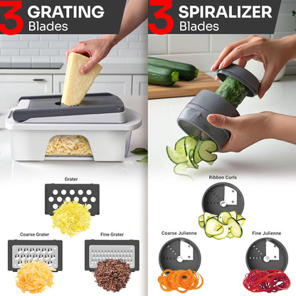 Pro-Series All-In-One, 12 Blade Mandoline Slicer for Kitchen, Food Chopper, Vegetable Slicer and Spiralizer, Cutter, Dicer, Grater, Kitchen Gadgets Sets with Container, White Sand/Gray