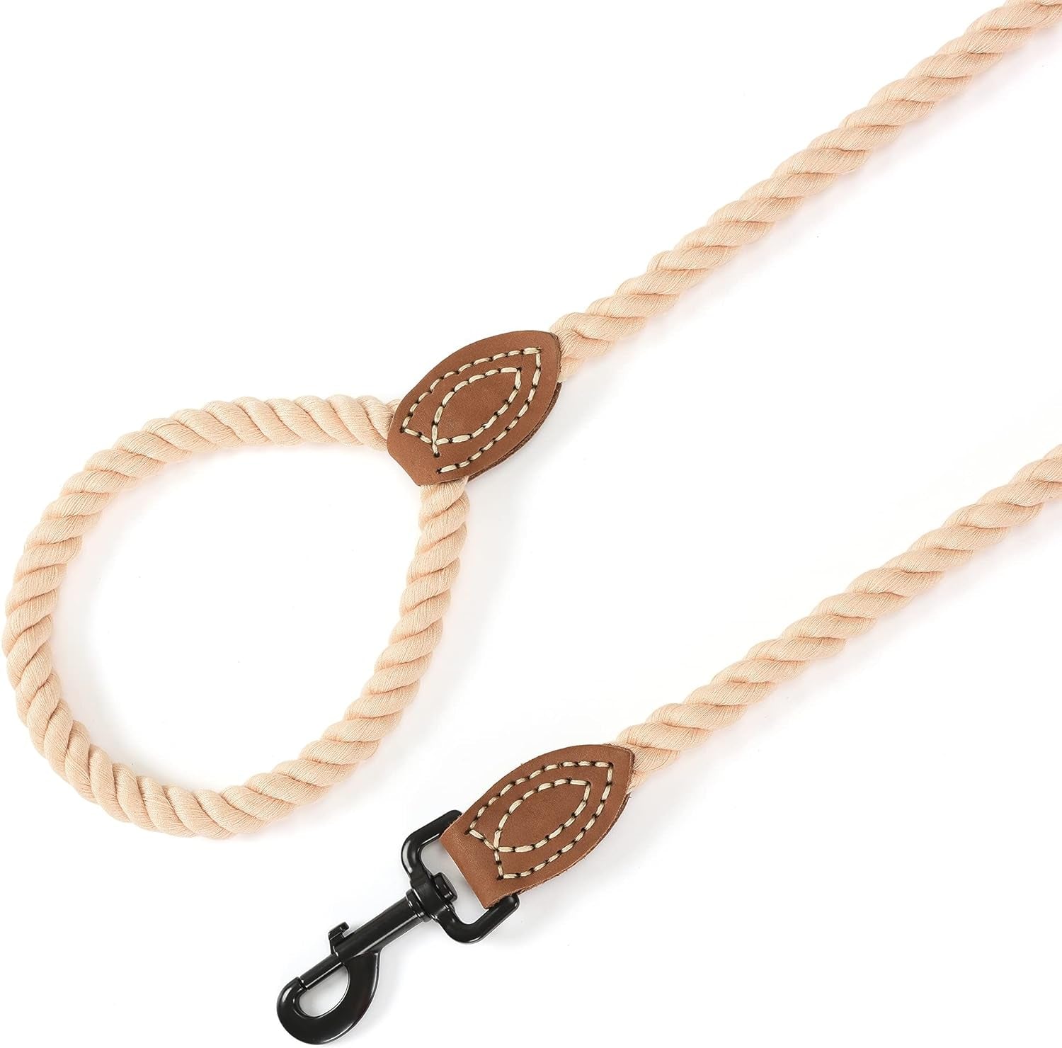 Dog Leash, Braided Cotton Rope Leashes with Leather Tip - Heavy Duty Metal Clasp, 6FT, 1/2&quot; Thick - Wedding, Walking &amp; Training Leash for Small Medium Large Dogs (Light Brown)