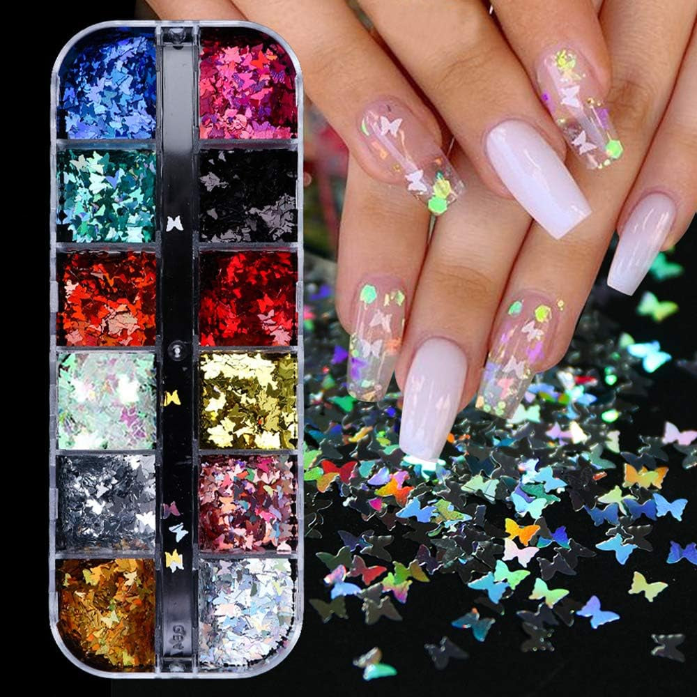 12 Colors Butterfly Glitter Nail Sequins - 3D Nail Art Flakes Colorful Confetti Glitter Sticker Decals Manicure Nail Art Design Makeup DIY Decoration