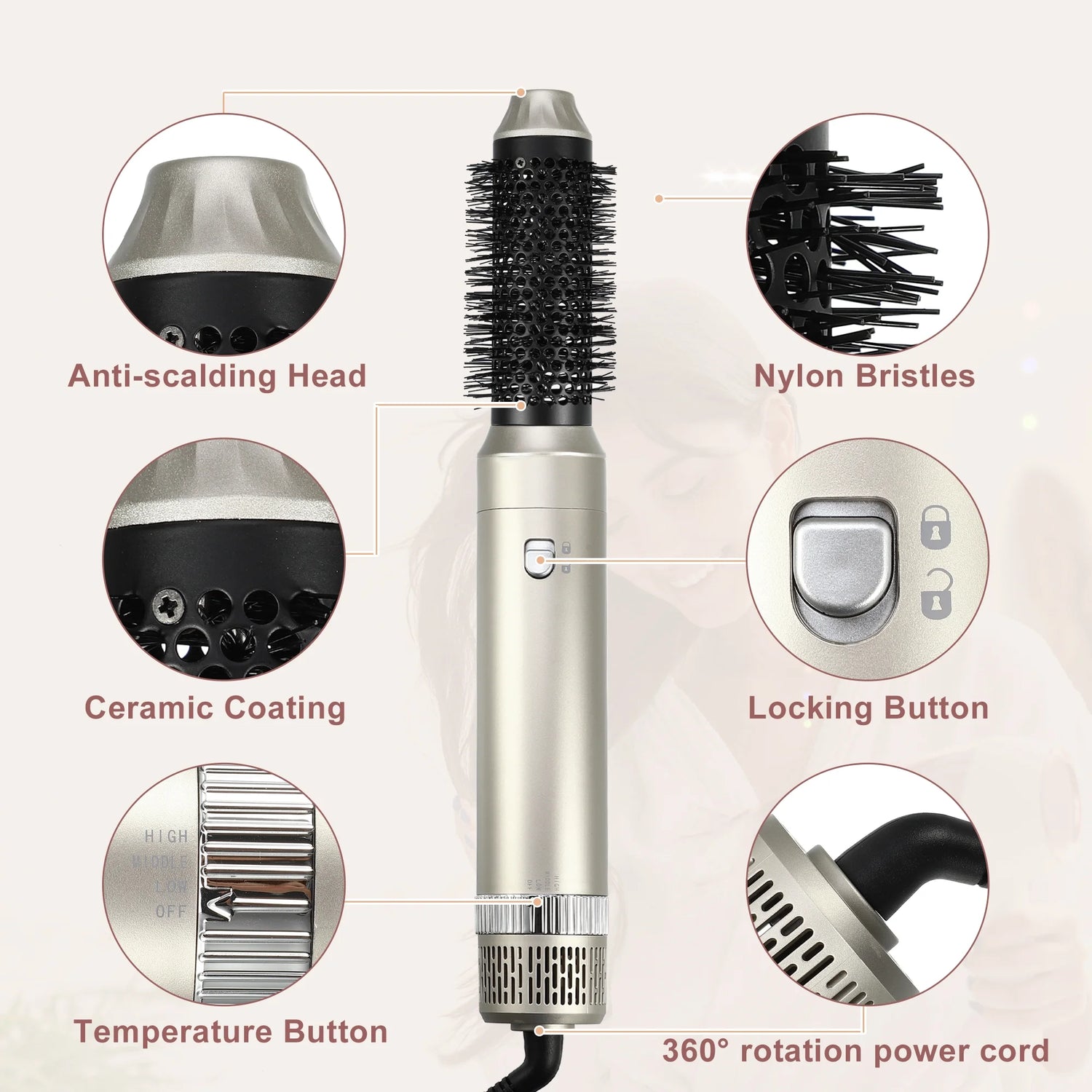 Hot Air Brush 5 in 1 Hair Dryer Brush Blow Dryer Brush Detachable Hair Dryer Styler Set Champagne