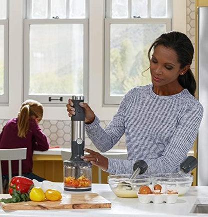 GE Immersion Blender | Handheld Blender for Shakes, Smoothies, Baby Food &amp; More | Includes Whisk &amp; Blending Jar | 2-Speed | Interchangeable Attachment for Easy Clean | 500 Watts | Stainless Steel