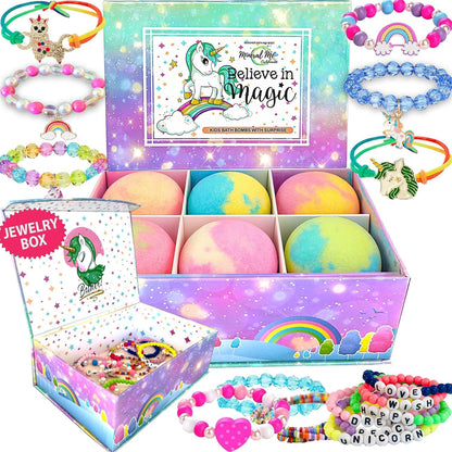 Bath Bombs for Kids with Surprise Inside, Unicorn Bath Bombs for Girls with Jewelry &amp; Jewelry Box for Kids - Organic, Skin Moisturizing, Natural Bubble Bath, Birthday Gifts for Girls