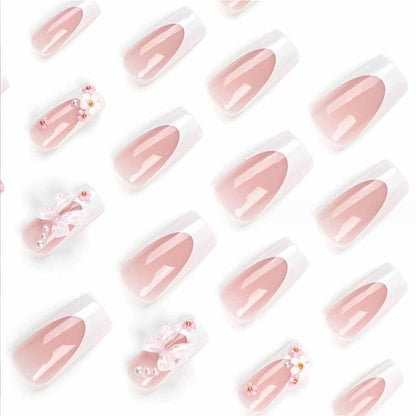 Press on Nails Medium Long Rhinestone Pink Fake Nails Square Bling Glossy 3D Flower False Nail Tips Artificial Nails Finger Manicure for Women and Girls-24Pcs