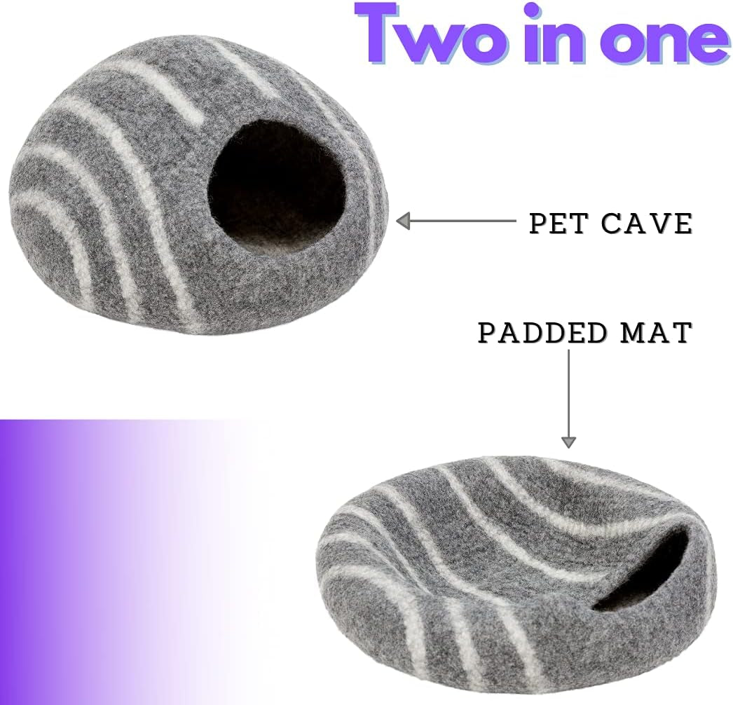 KOTE Cat Cave &amp; Dog Cave | Enclosed Cat Bed | Cat Hideaway | Pod Kitten Bed | Grey Stripe