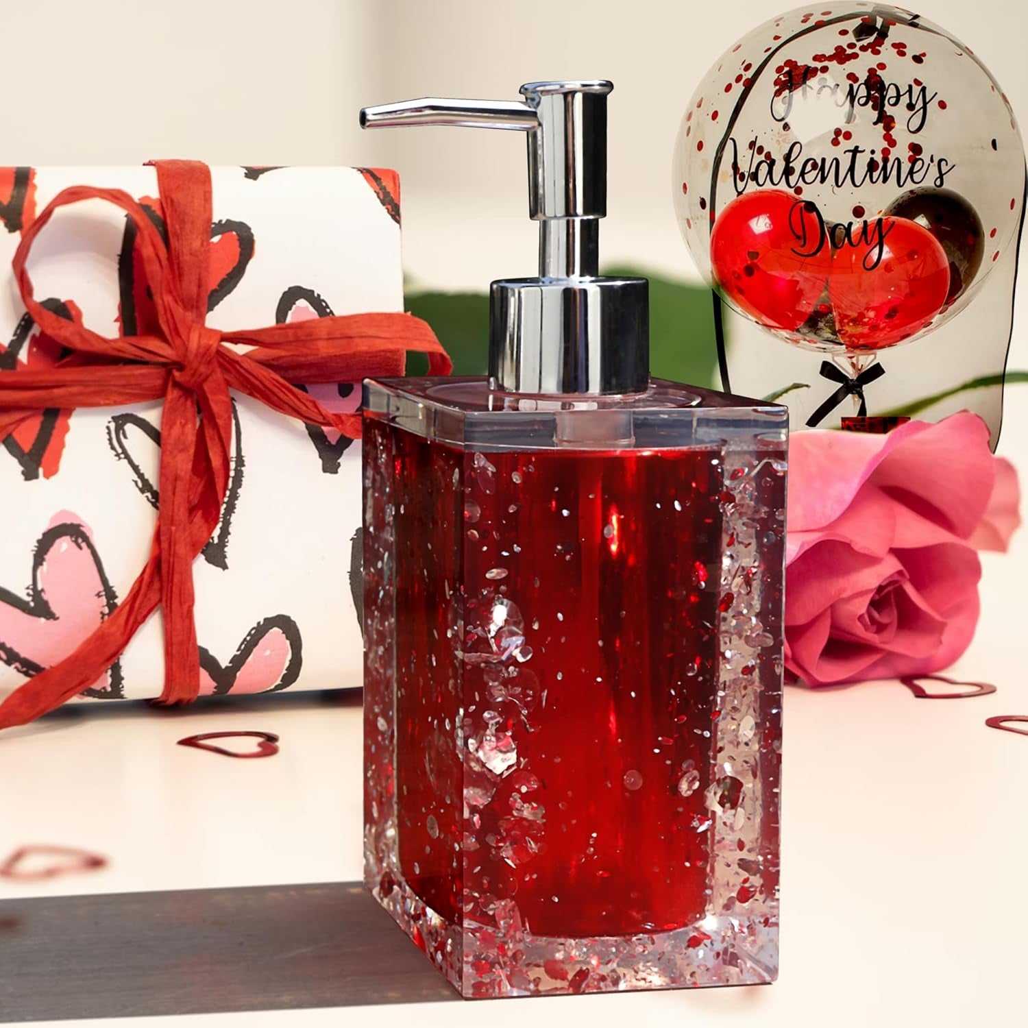 5-Piece Resin Bathroom Accessory Set with Soap Dish, Dispenser, Toothbrush Holder and Tumbler, Red