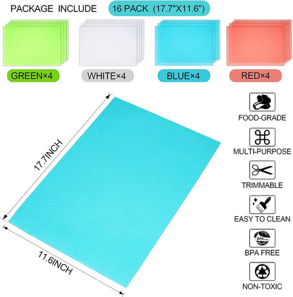 16 Pcs Refrigerator Liners Mats Washable, Refrigerator Mats Liner Waterproof Oilproof,  Fridge Liners for Shelves, Cover Pads for Freezer Glass Shelf Cupboard Cabinet Drawer (4 Color Mixed)