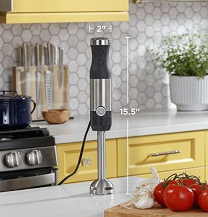 GE Immersion Blender | Handheld Blender for Shakes, Smoothies, Baby Food &amp; More | Includes Whisk &amp; Blending Jar | 2-Speed | Interchangeable Attachment for Easy Clean | 500 Watts | Stainless Steel