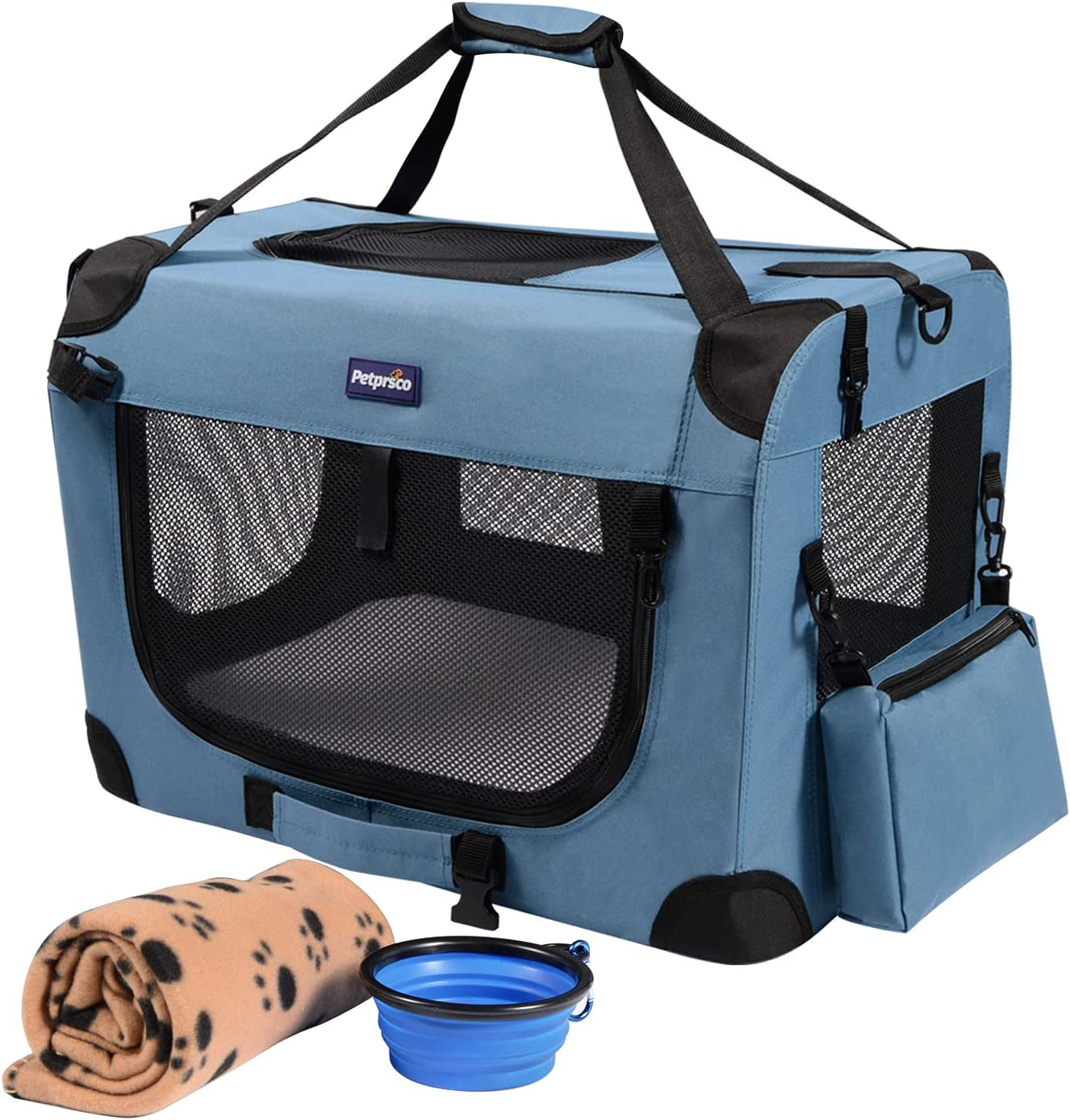 Portable Collapsible Dog Crate, Travel Dog Crate 24X17X17 with Soft Warm Blanket and Foldable Bowl for Large Cats &amp; Small Dogs Indoor and Outdoor