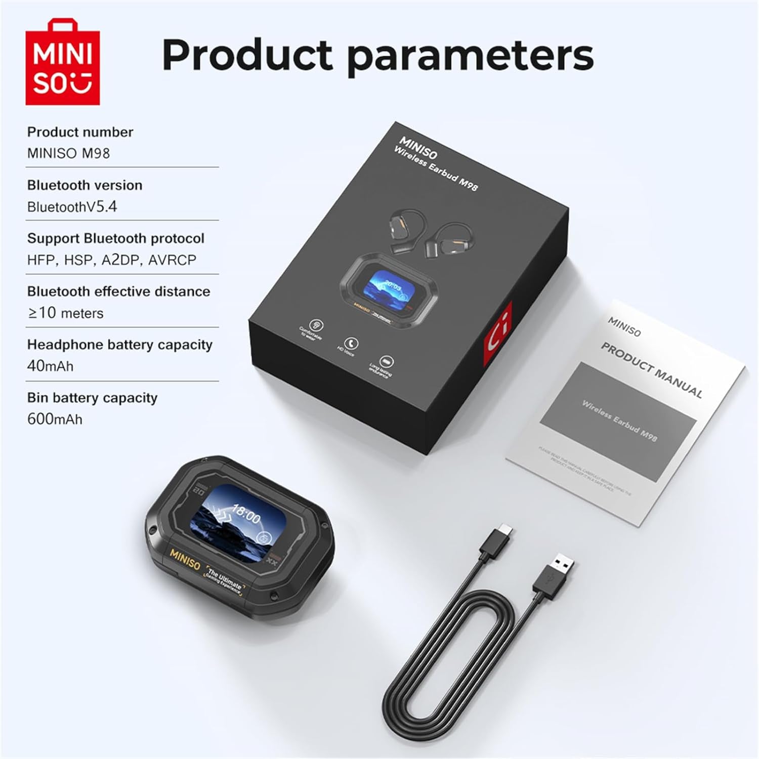 M98 Open Ear Headphone Earbuds Open Ear Bluetooth 5.4 Headphones with LED Display Screen OWS Earphones Wireless Earbuds with Earhooks Bluetooth Earbuds for Running,Driving,Working(No AI)