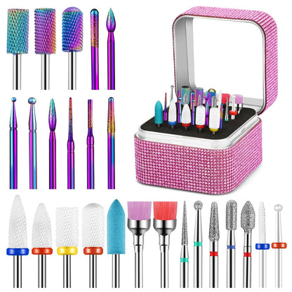 25Pcs Nail Drill Bits Set with Storage Box, 3/32 Inch Tungsten Ceramic Diamond Carbide Nail Drill Bits for Acrylic Gel Polish, Cuticle Efile Remover for Manicure Pedicure