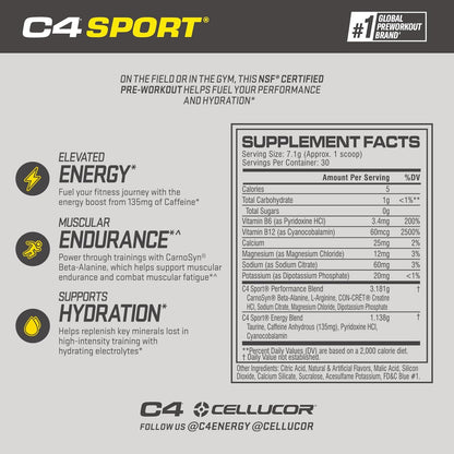 C4 Sport Pre Workout Powder Blue Raspberry - Pre Workout Energy with Creatine + 135Mg Caffeine and Beta-Alanine Performance Blend - NSF Certified for Sport 30 Servings