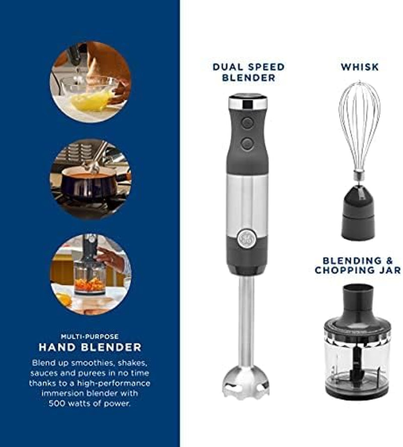 GE Immersion Blender | Handheld Blender for Shakes, Smoothies, Baby Food &amp; More | Includes Whisk &amp; Blending Jar | 2-Speed | Interchangeable Attachment for Easy Clean | 500 Watts | Stainless Steel