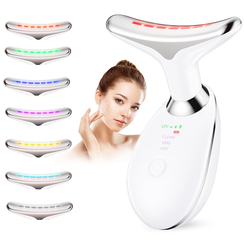 Neck Massager, 7-In-1 Multifunctional Facial Massager, Face Sculpting Tool for Skin Care, At-Home Face Tool with Vibration and Thermal, White
