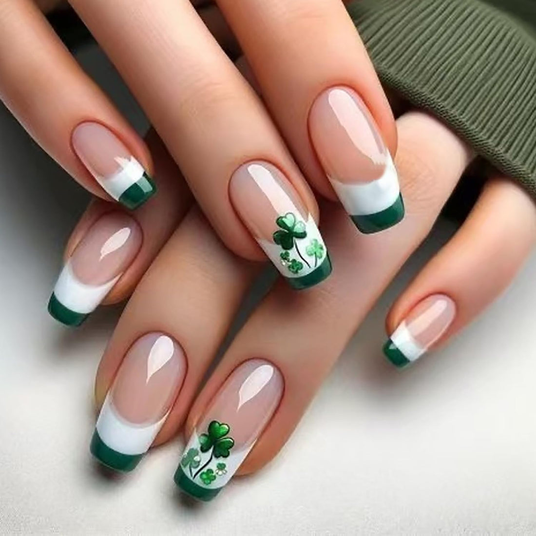 Green White French Tip Press on Nails Medium Four Leaf Clover Design St. Patrick&