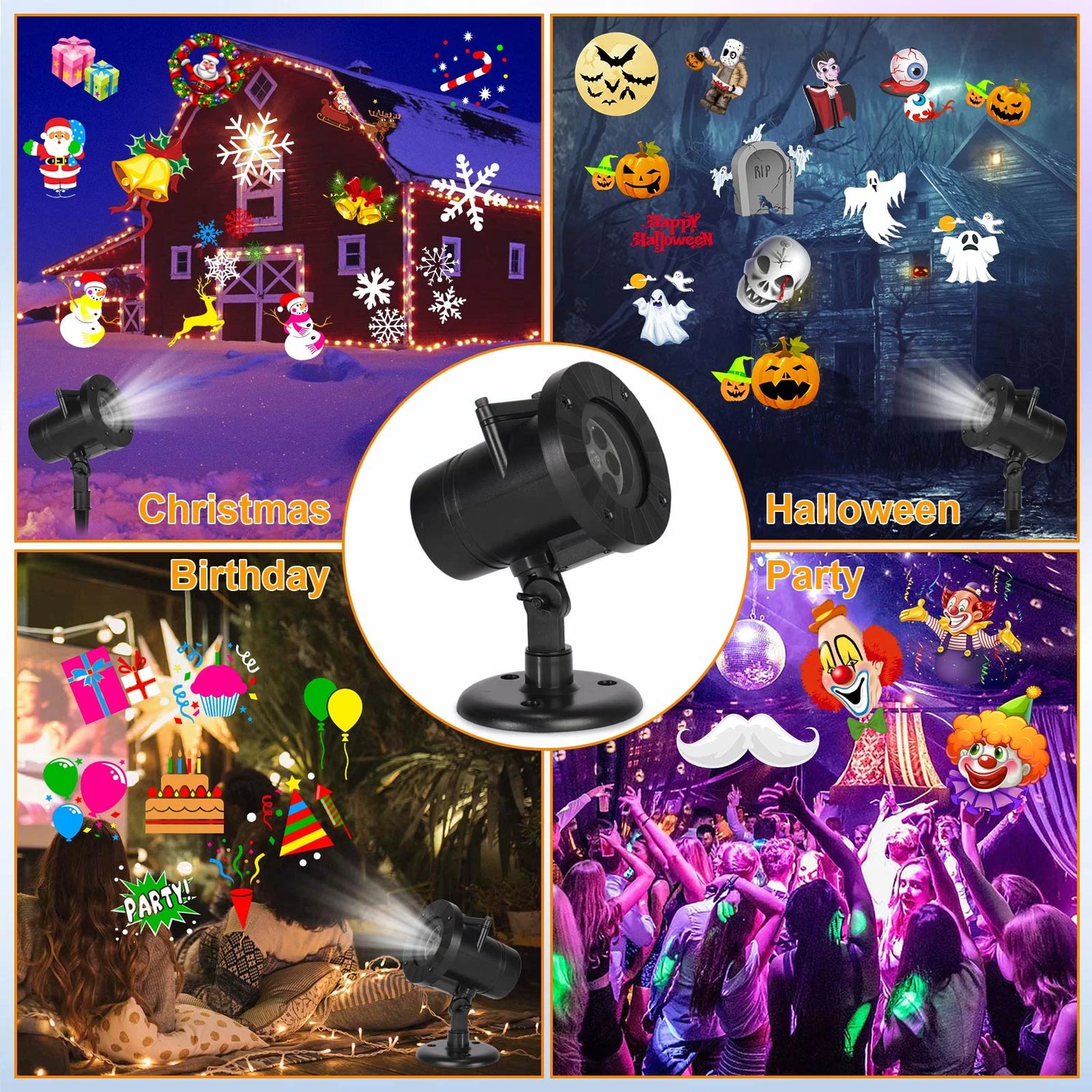 16 Slides Christmas Holiday Lights Projector, Waterproof Snowflakes Projection Lamp Indoor Outdoor Lighting for Halloween, Xmas, Holiday, Party, Birthday Garden House Decoration