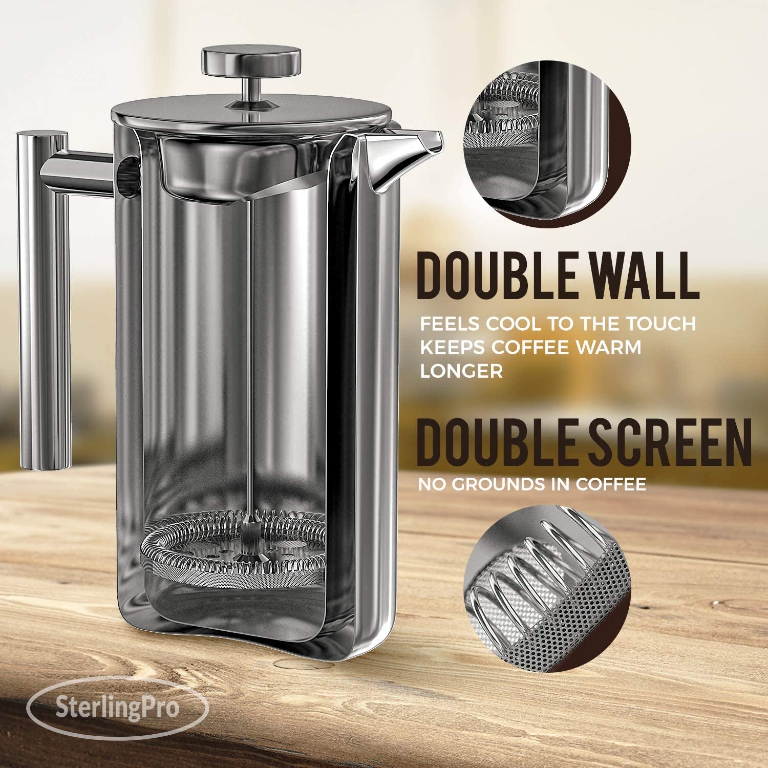 French Press Coffee Maker (1.5L)-Double Walled Large Coffee Press with 2 Extra Filters-Enjoy Granule-Free Coffee, Stylish Rust Free Kitchen Accessory-Stainless Steel (Mirror)