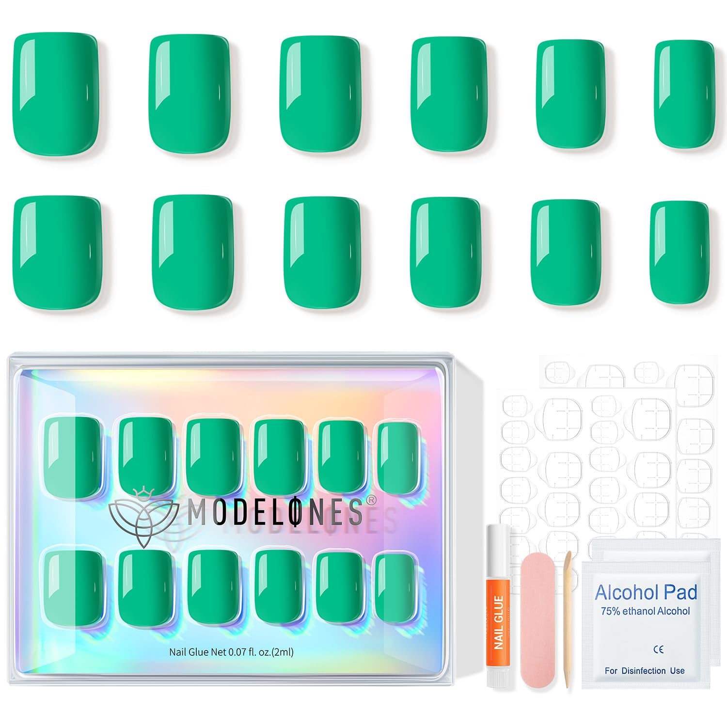 Green Press on Nails, Spring Easter Short Square Fake Nails, Summer Spring Reusable Nail Kit with Nail Glue Adhesive Tabs Mini Nail File, Nails Press Ons 32Pcs16 Sizes, Women Girl Gift