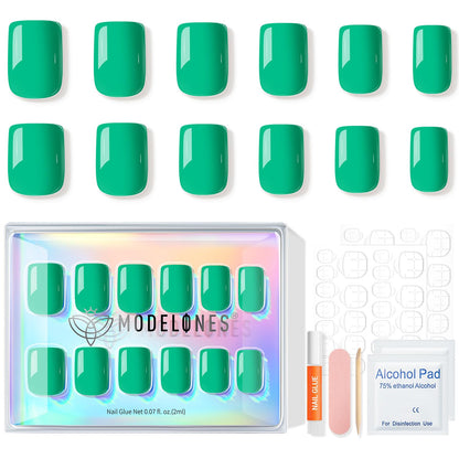 Green Press on Nails, Spring Easter Short Square Fake Nails, Summer Spring Reusable Nail Kit with Nail Glue Adhesive Tabs Mini Nail File, Nails Press Ons 32Pcs16 Sizes, Women Girl Gift